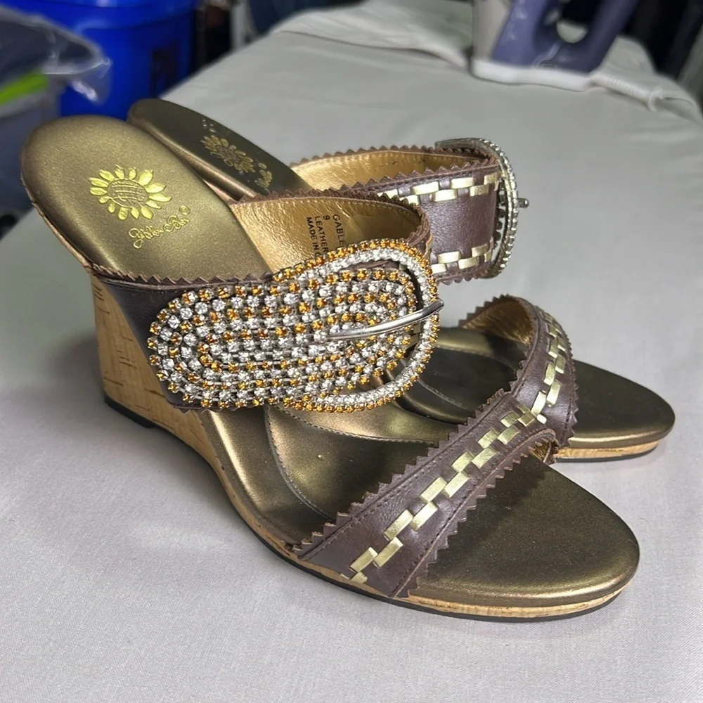 Yellow Box Gable Buckle Rhinestone Embellished Leather Cork Wedge size 9